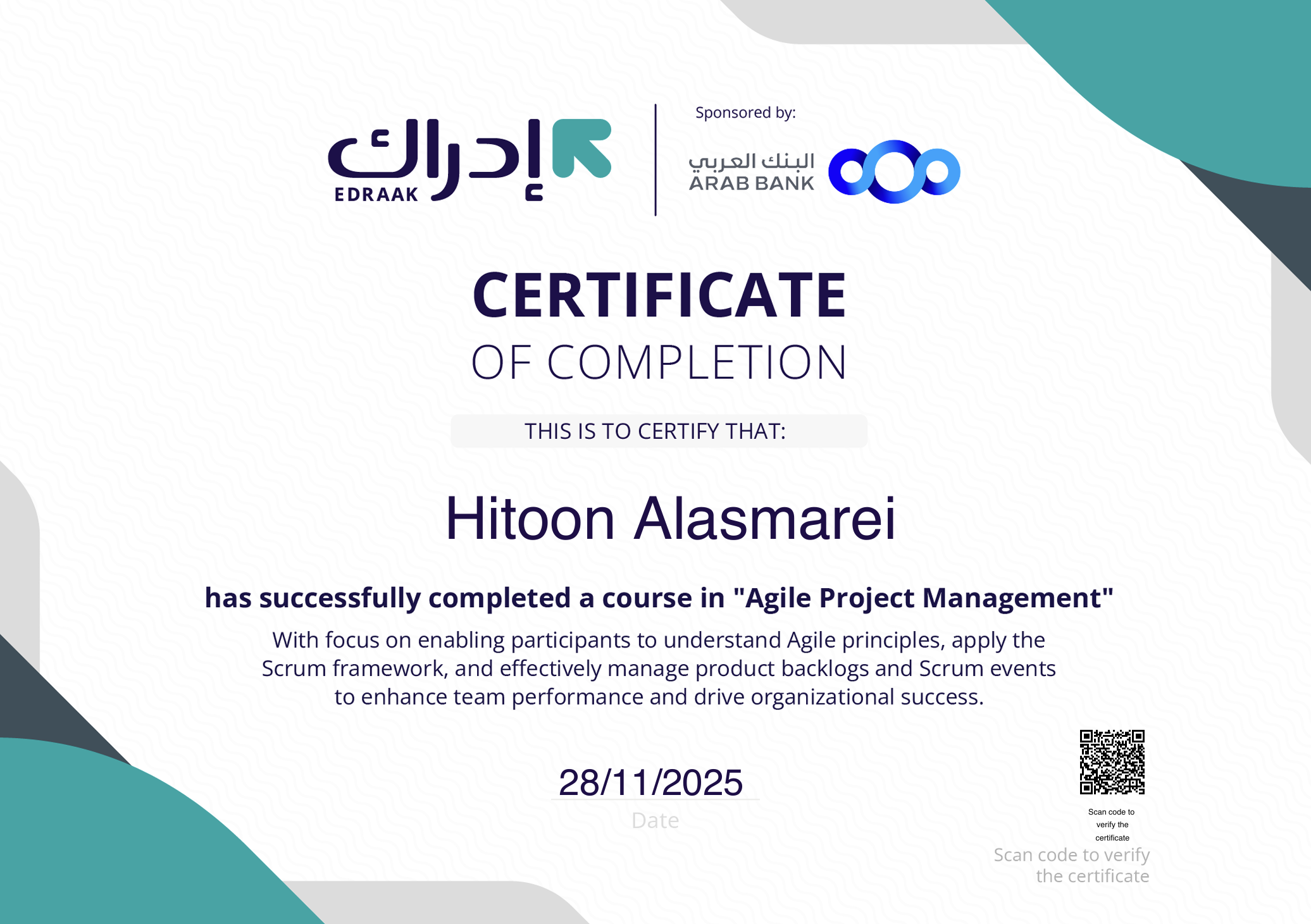 Agile Project Management certificate